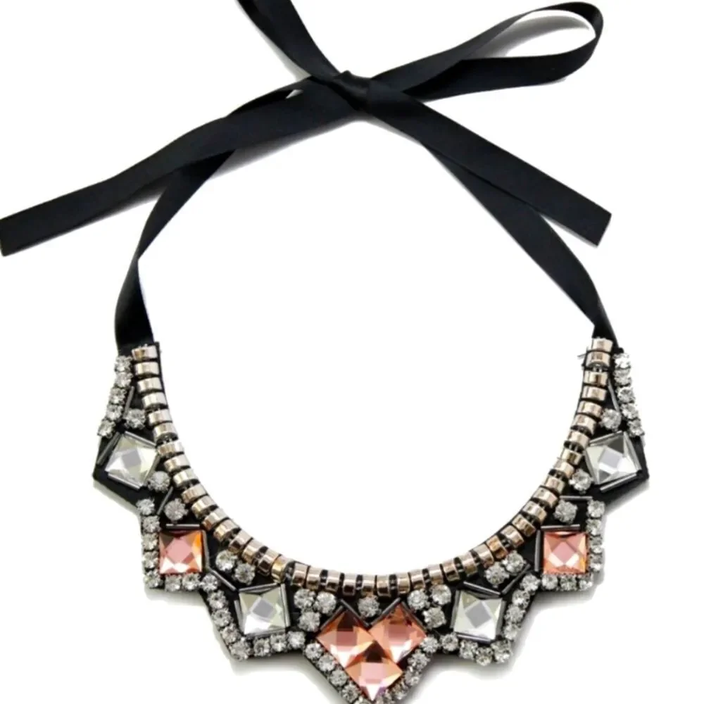 T&J DESIGNS Necklace Statement Bib Blk Silk Pink White Bling Gold Plated…